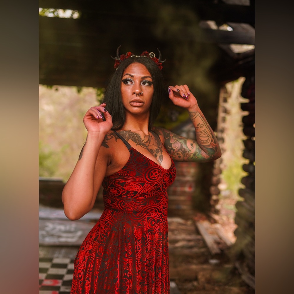 Blackmilk Burned Red Velvet Hex Blood  Handkerchief Dress sz S